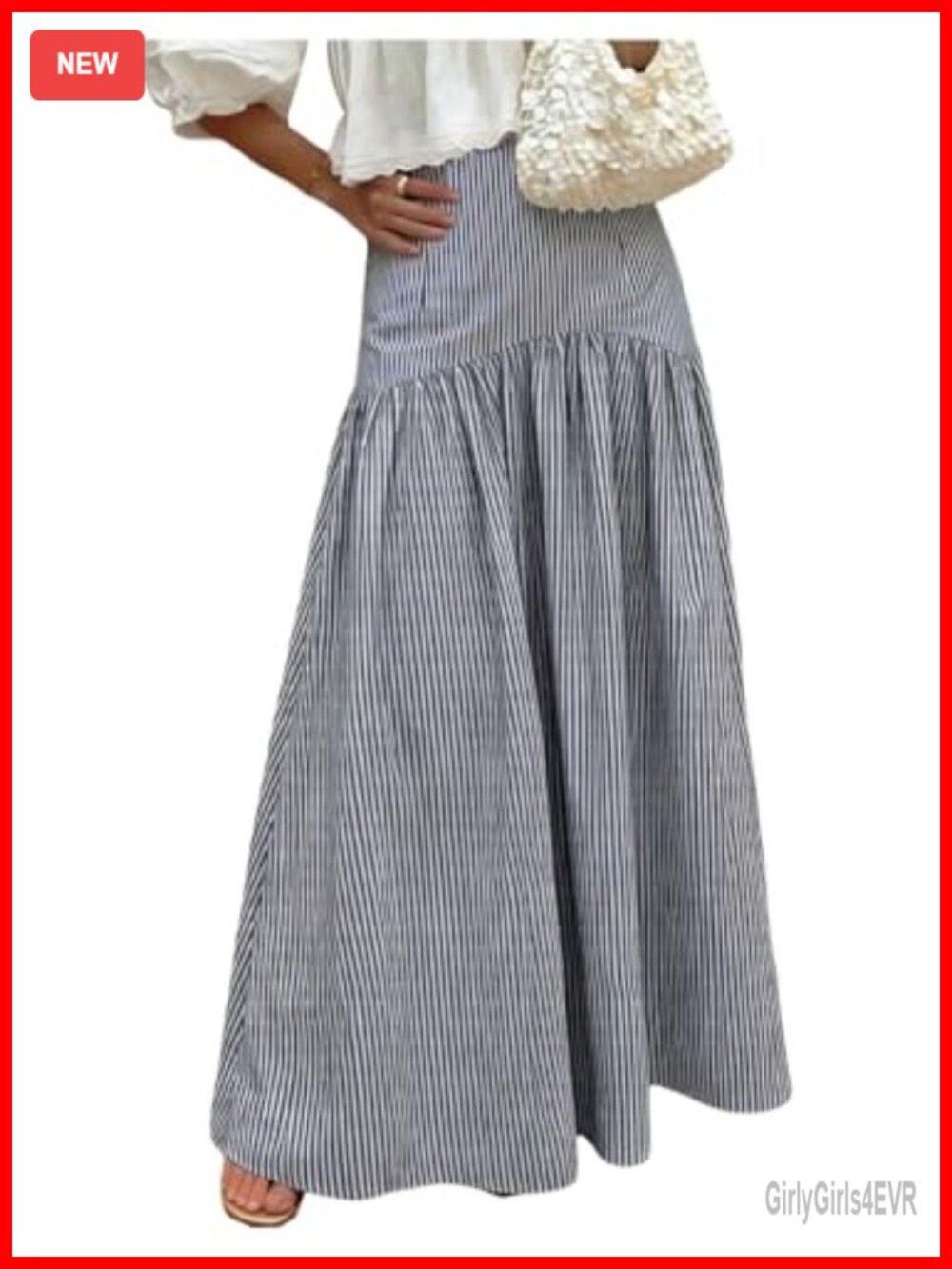 Striped High Waist Ruffle Hem Flowy A-Line Maxi Skirt